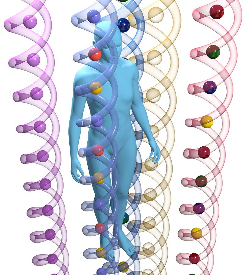 3D person among translucent human DNA helix shapes