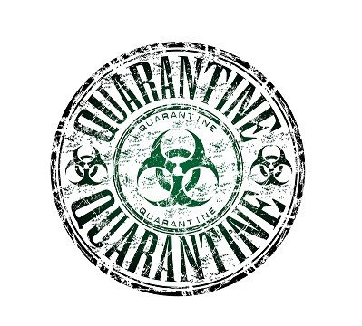 Green grunge rubber stamp with the hazard symbol and the word quarantine written inside the stamp