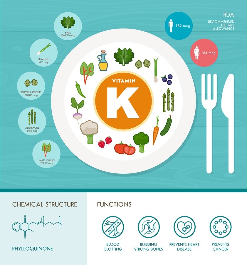 Vitamin K nutrition infographic with medical and food icons: diet healthy food and wellbeing concept