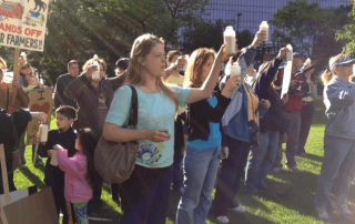 Food rights demonstrators for Alvin Schlangen raise bottles of raw milk in a toast photo