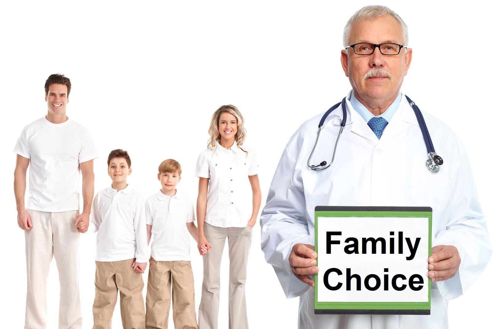 Medical family doctor and patients. Isolated white background.