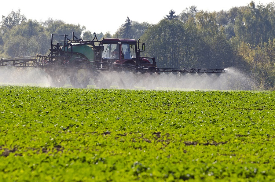 Tractor spray fertilize with insecticide herbicide chemicals in agriculture field and evening sunlight