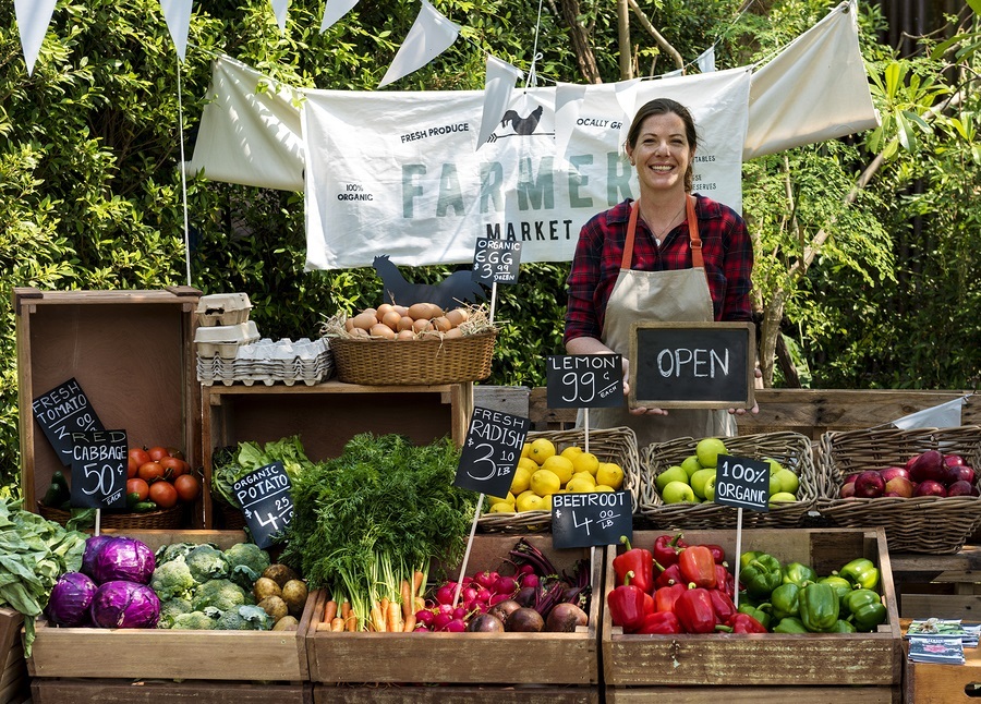 Greengrocer selling organic fresh agricultural product at farmer market