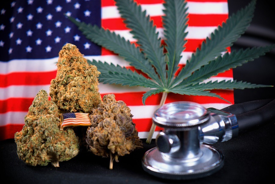 Cannabis bud, leaf and american flag image