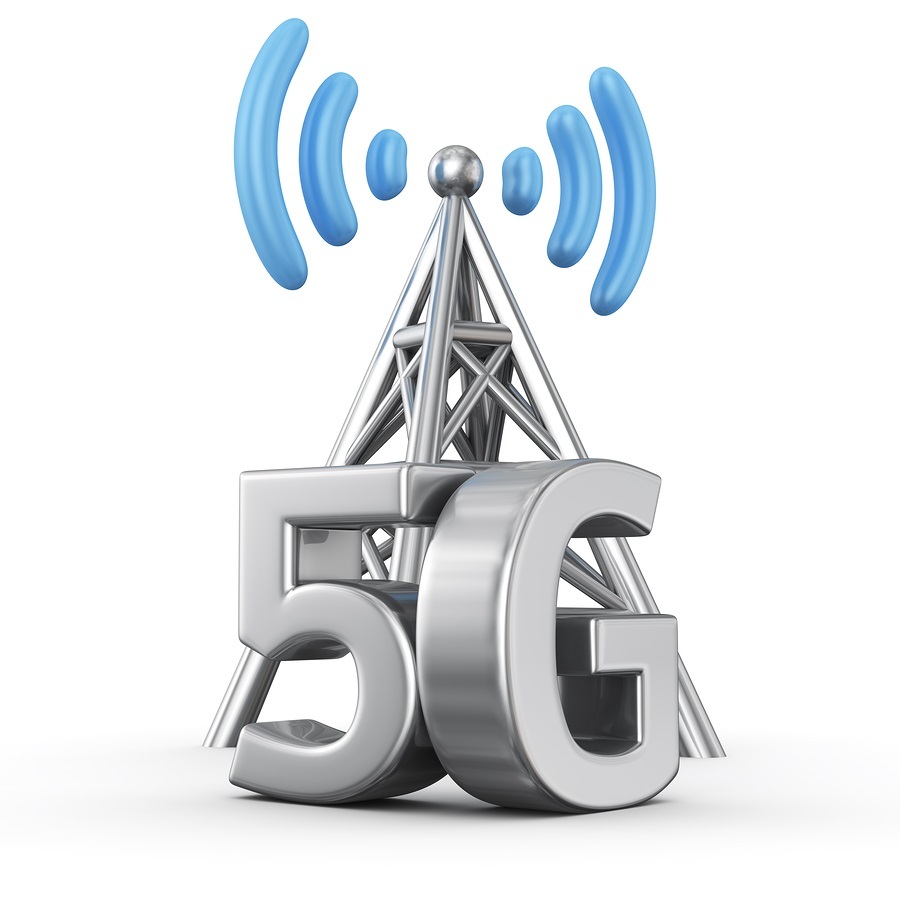 Metal antenna symbol with letters 5G on white