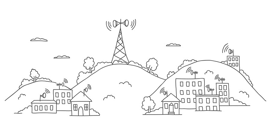 Transmission tower on landscape with wireless signal waves