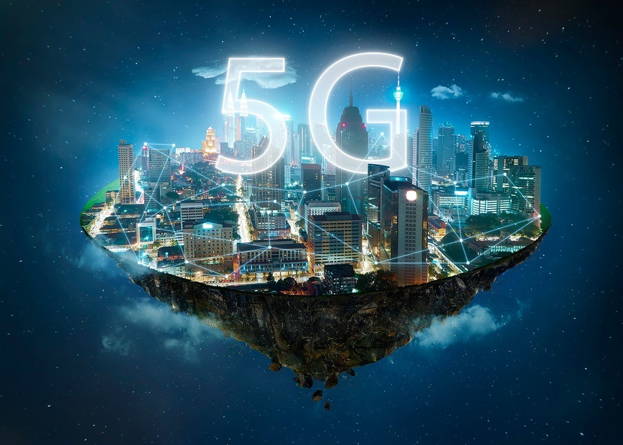 Fantasy island floating in the air with 5G network wireless systems and internet of things , Smart city and communication network concept
