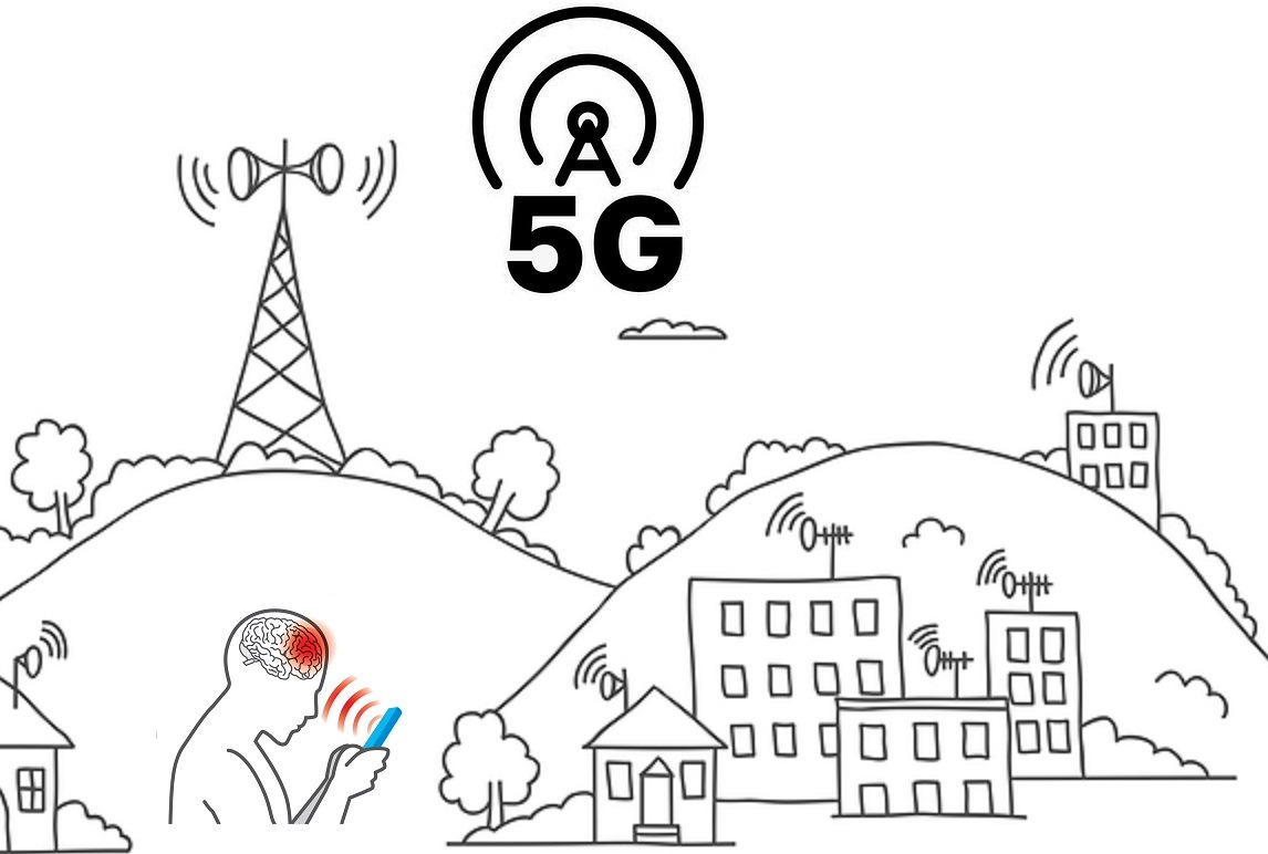 Transmission tower on landscape with 5g wireless signal waves. Cell phone brain damage