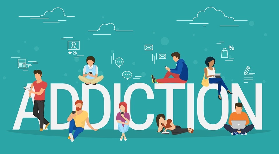 Addiction concept illustration of young people using devices such as laptop, smartphone, tablets. Flat design of people addicted to gadgets sitting on the bid letters with social media symbols