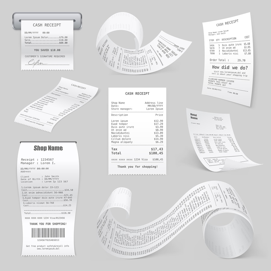 Cash register sales receipts printed on thermal rolled paper image.