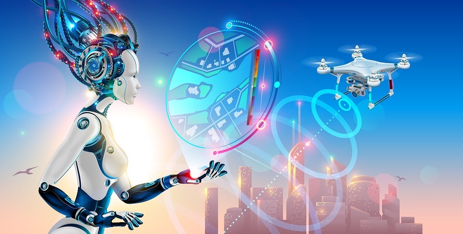Robot woman controls drone with camera and monitoring situation on map of smart city. Artificial intelligence management of city infrastructure. Silhouette future town in sunrise.