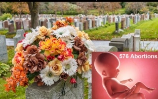 Flowers on a tombstone in a cemetary with hundreds of tombstones in the background