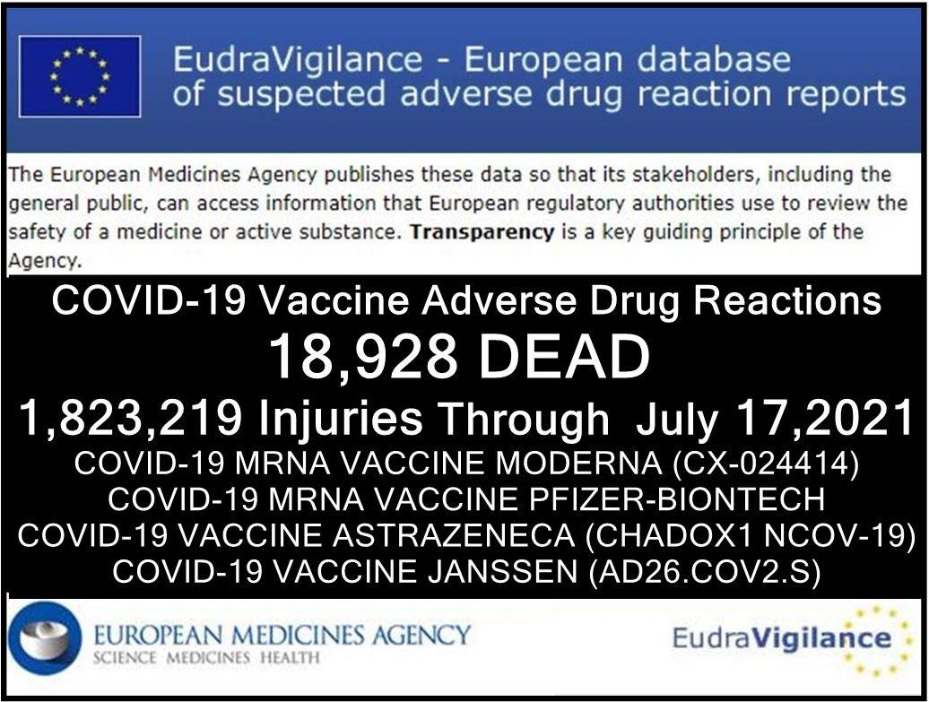 Datenbank der Europäischen Union für unerwünschte Nebenwirkungen von Impfstoffen zeigt 18’928 Tote und 1,8 Millionen Verletzte (davon 50% schwer)