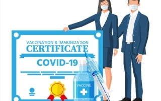 People behind Covid-19 vaccination passport. Vaccinated health document as proof person is immune to disease. Coronavirus immune pass. Corona virus vaccine certification. Flat vector illustration